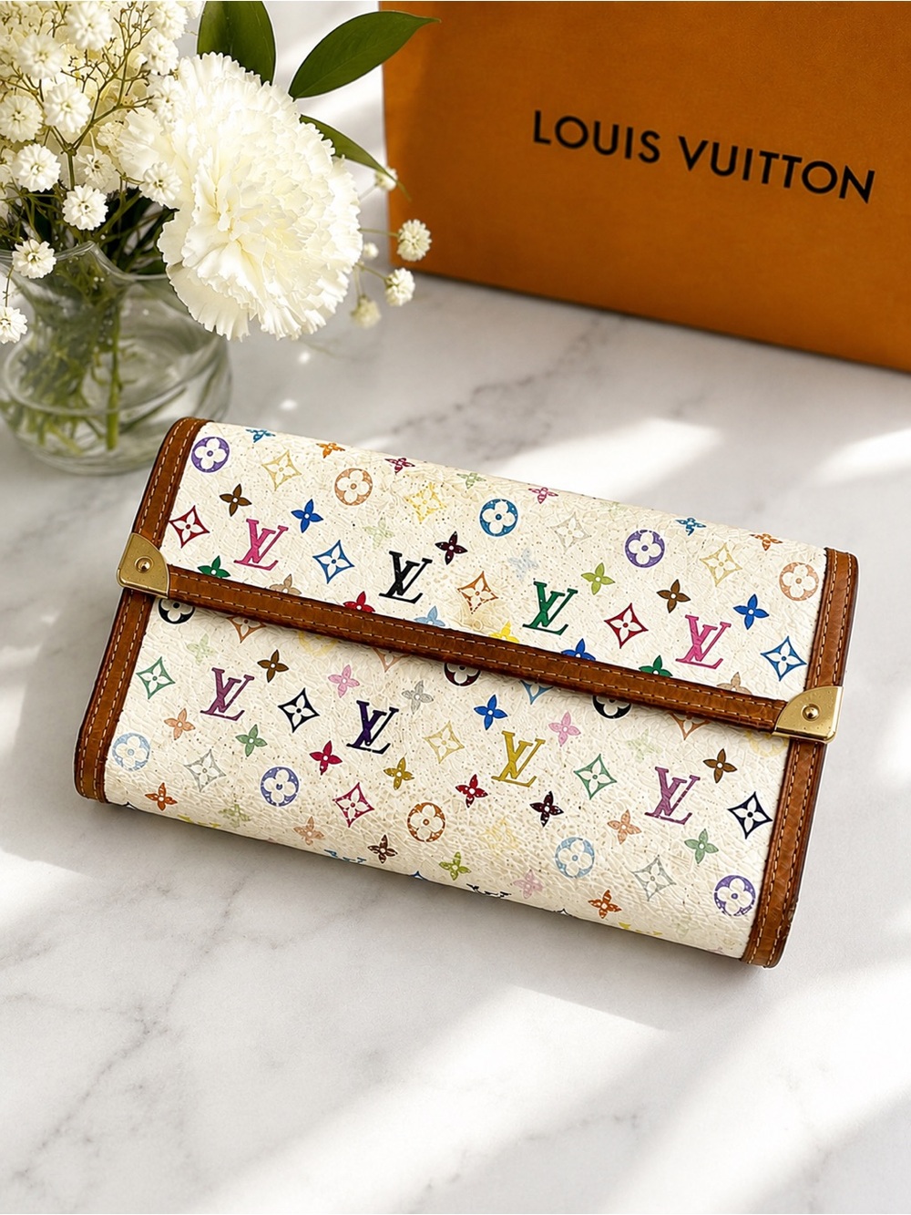 Authentic Louis Vuitton Multicolor Porte Tresor International White Long Wallet